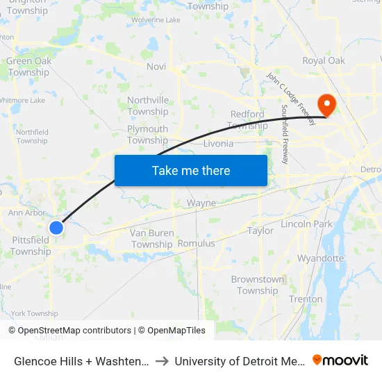 Glencoe Hills + Washtenaw to University of Detroit Mercy map