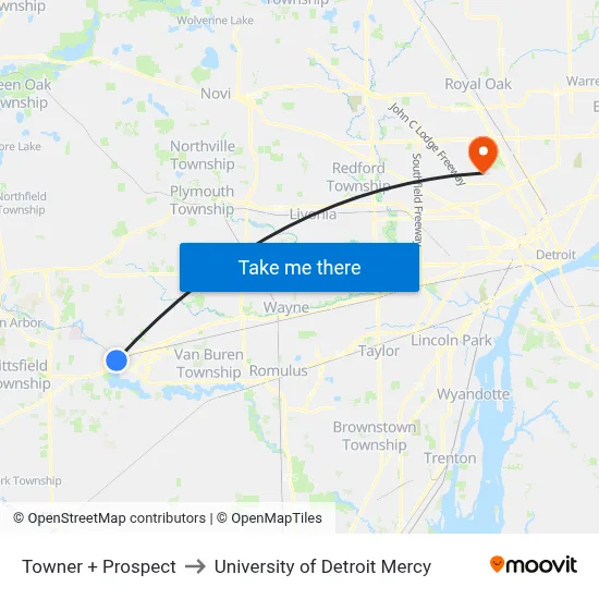 Towner + Prospect to University of Detroit Mercy map