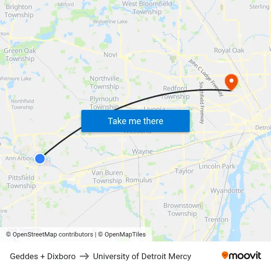Geddes + Dixboro to University of Detroit Mercy map