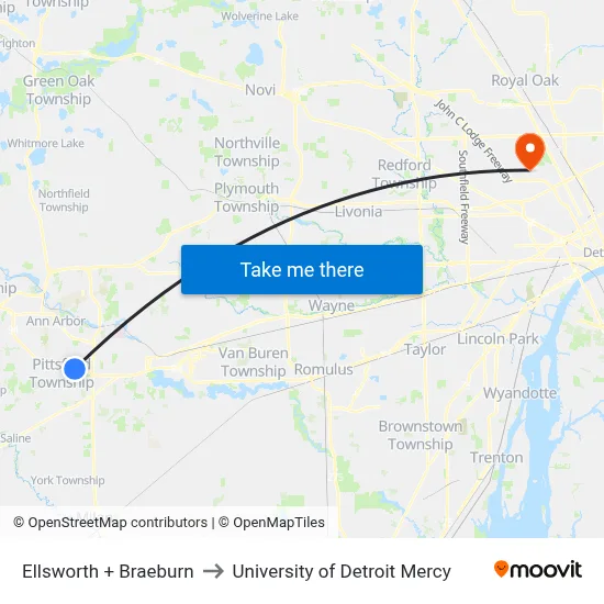 Ellsworth + Braeburn to University of Detroit Mercy map