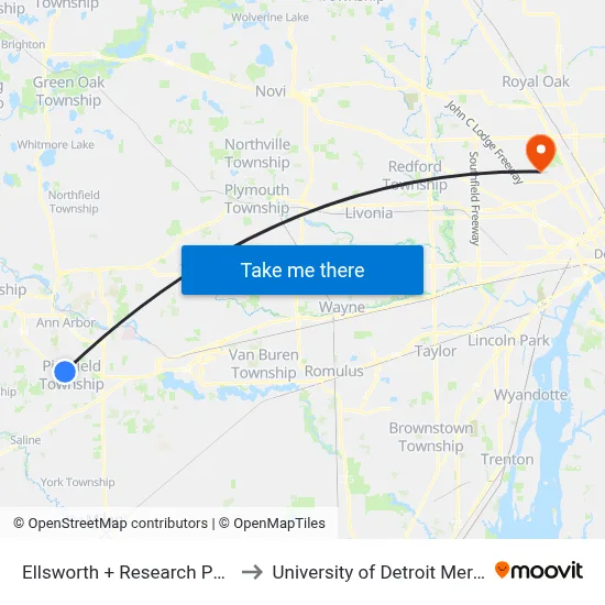 Ellsworth + Research Park to University of Detroit Mercy map