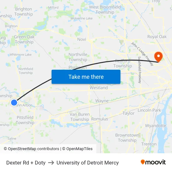 Dexter Rd + Doty to University of Detroit Mercy map