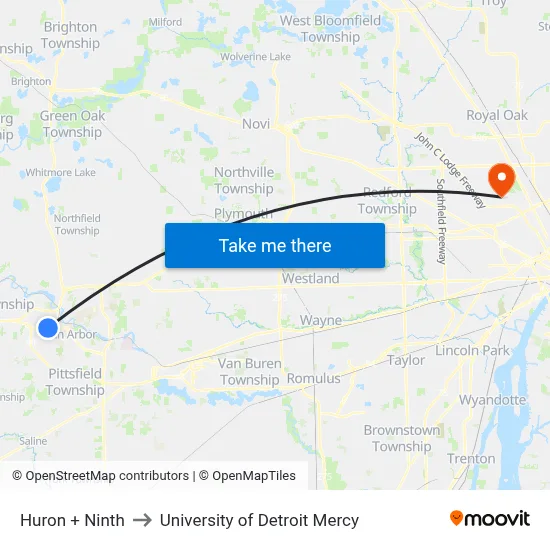 Huron + Ninth to University of Detroit Mercy map