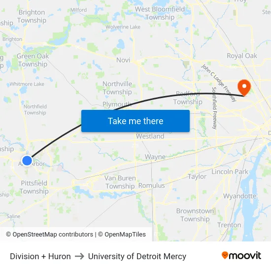 Division + Huron to University of Detroit Mercy map