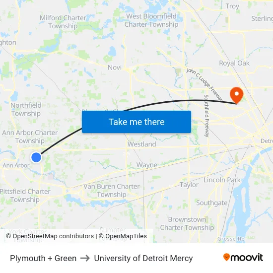 Plymouth + Green to University of Detroit Mercy map