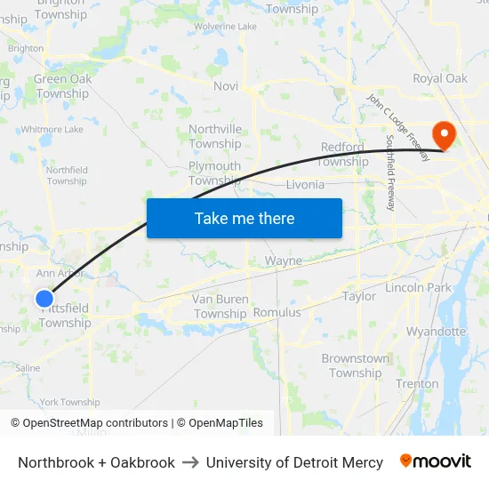 Northbrook + Oakbrook to University of Detroit Mercy map