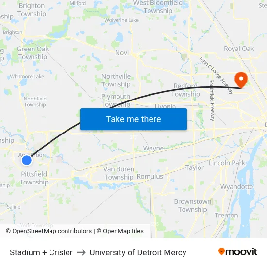 Stadium + Crisler to University of Detroit Mercy map