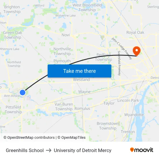 Greenhills School to University of Detroit Mercy map