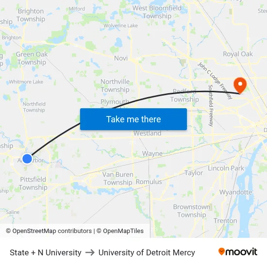 State + N University to University of Detroit Mercy map