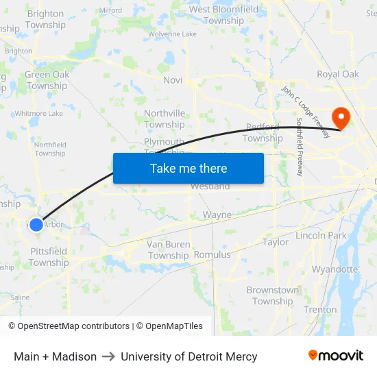 Main + Madison to University of Detroit Mercy map