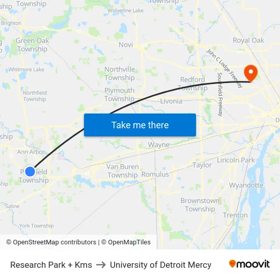 Research Park + Kms to University of Detroit Mercy map