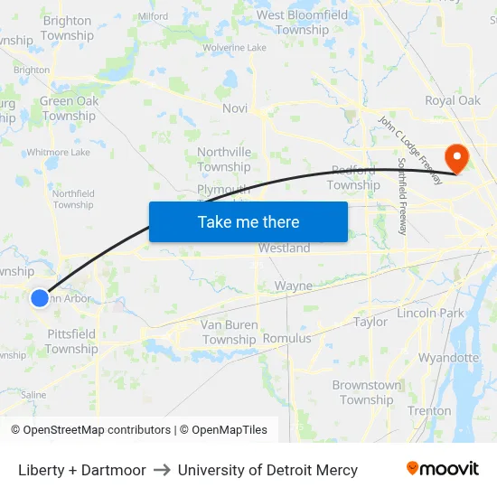 Liberty + Dartmoor to University of Detroit Mercy map