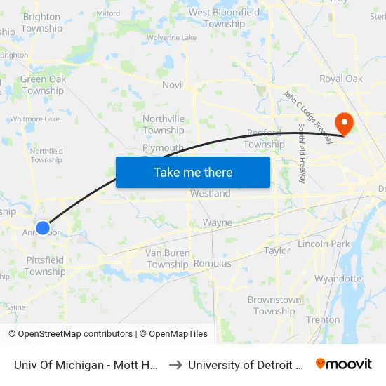 Univ Of Michigan - Mott Hospital to University of Detroit Mercy map