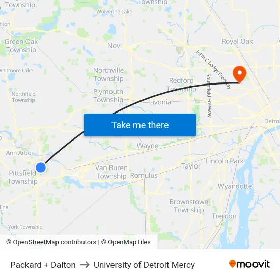 Packard + Dalton to University of Detroit Mercy map