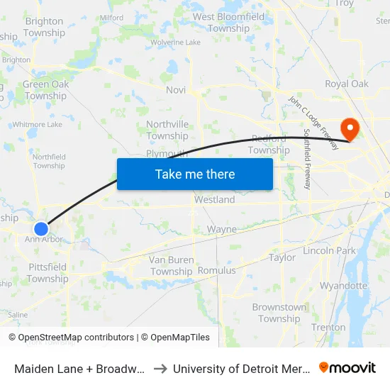 Maiden Lane + Broadway to University of Detroit Mercy map