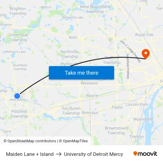 Maiden Lane + Island to University of Detroit Mercy map