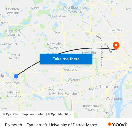 Plymouth + Epa Lab to University of Detroit Mercy map