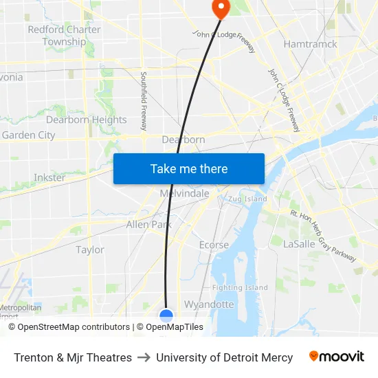 Trenton & Mjr Theatres to University of Detroit Mercy map