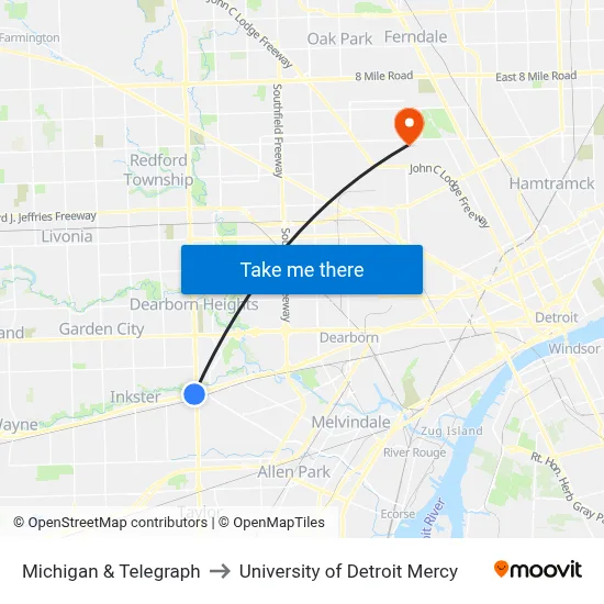 Michigan & Telegraph to University of Detroit Mercy map
