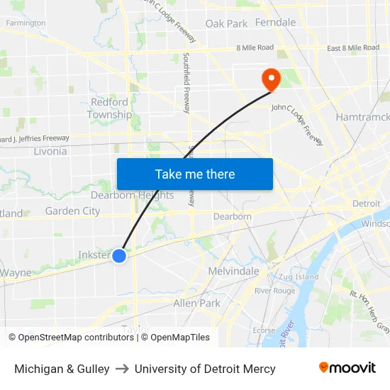 Michigan & Gulley to University of Detroit Mercy map