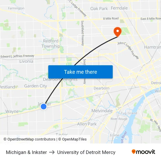 Michigan & Inkster to University of Detroit Mercy map