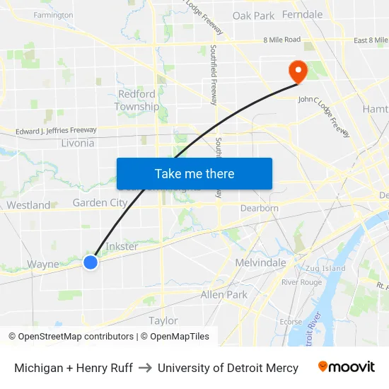 Michigan & Henry Ruff to University of Detroit Mercy map