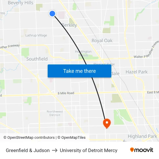 Greenfield & Judson to University of Detroit Mercy map