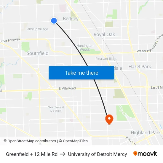 Greenfield @ 12 Mile to University of Detroit Mercy map