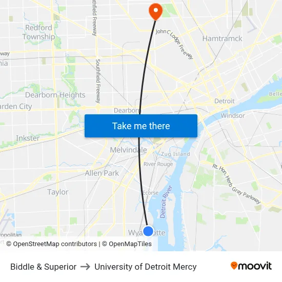 Biddle & Superior to University of Detroit Mercy map