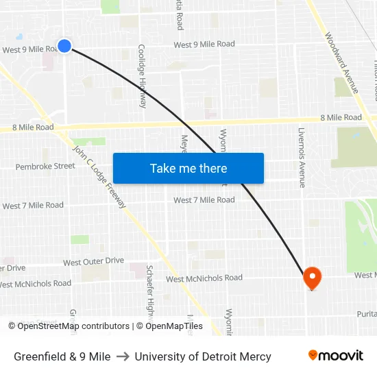 Greenfield & 9 Mile to University of Detroit Mercy map