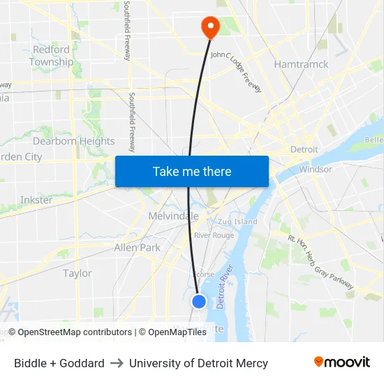 Biddle & Goddard to University of Detroit Mercy map