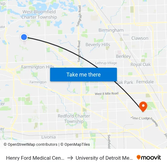 Henry Ford Medical Center to University of Detroit Mercy map