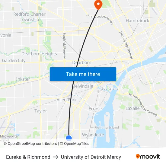 Eureka & Richmond to University of Detroit Mercy map