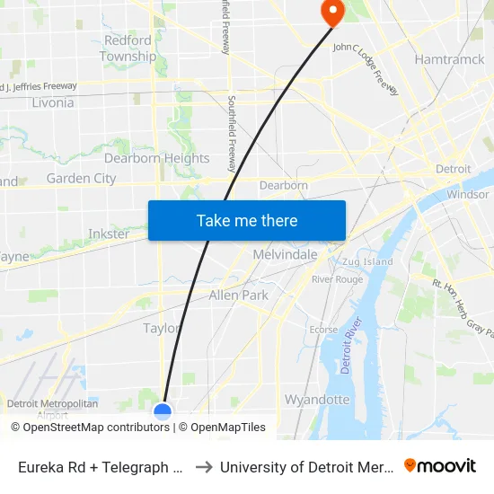 Eureka & Telegraph to University of Detroit Mercy map