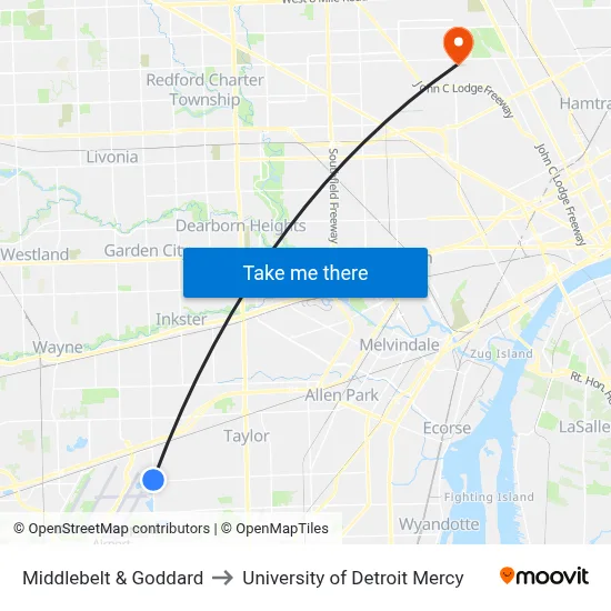 Middlebelt & Goddard to University of Detroit Mercy map