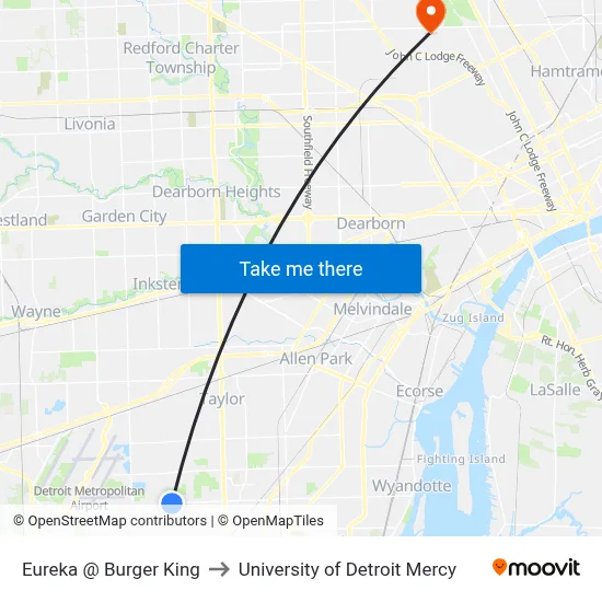 Eureka @ Burger King to University of Detroit Mercy map