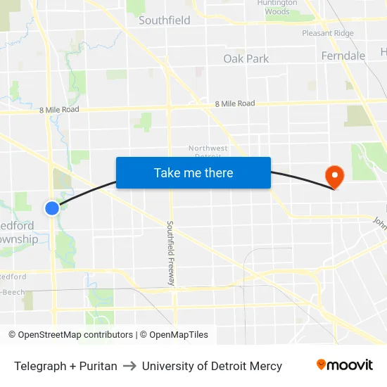 Telegraph & Puritan to University of Detroit Mercy map