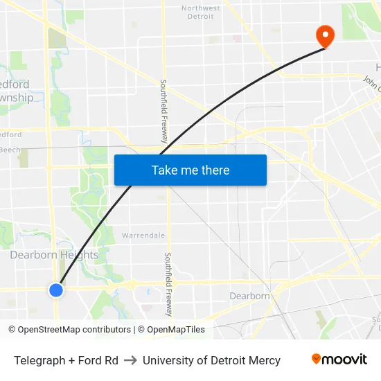 Telegraph & Ford to University of Detroit Mercy map