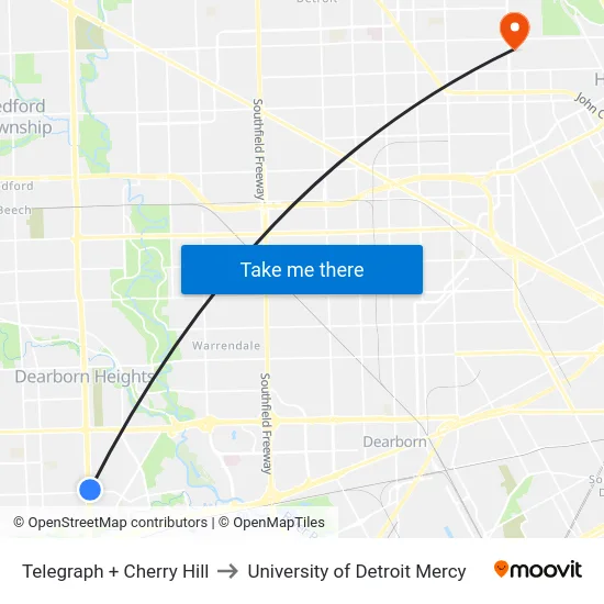 Telegraph & Cherry Hill to University of Detroit Mercy map