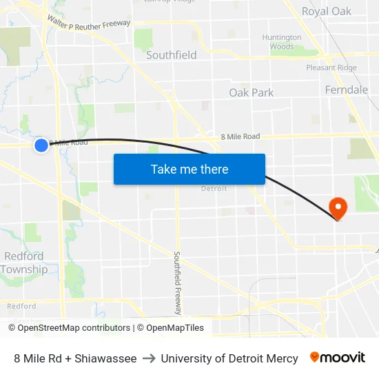 8 Mile & Shiawassee to University of Detroit Mercy map