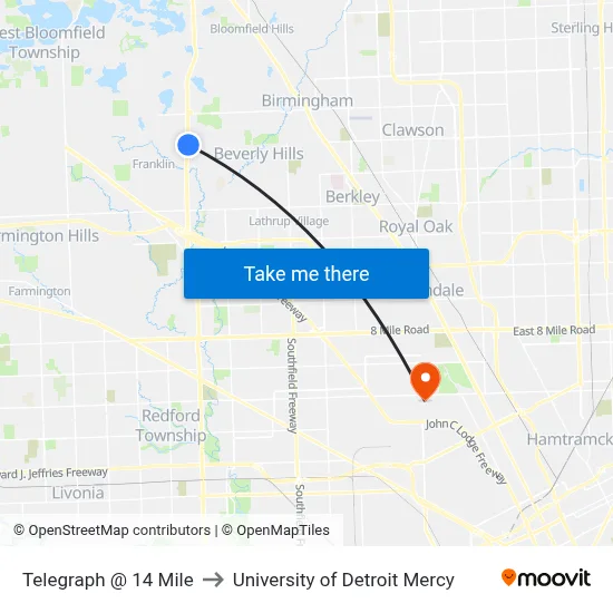 Telegraph @ 14 Mile to University of Detroit Mercy map