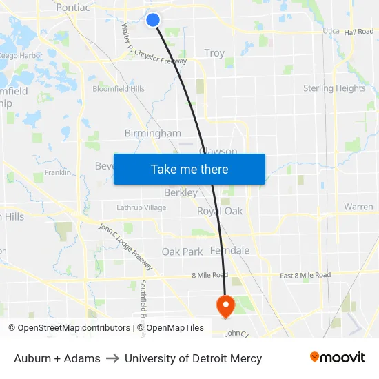 Auburn & Adams to University of Detroit Mercy map