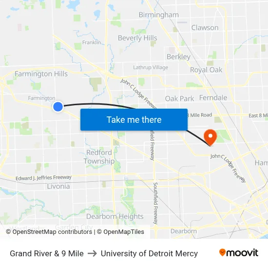 Grand River & 9 Mile to University of Detroit Mercy map