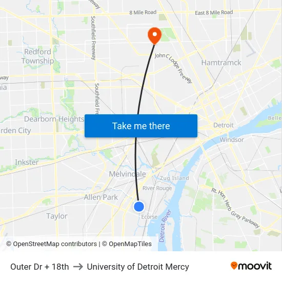 Outer Drive @ 18th to University of Detroit Mercy map