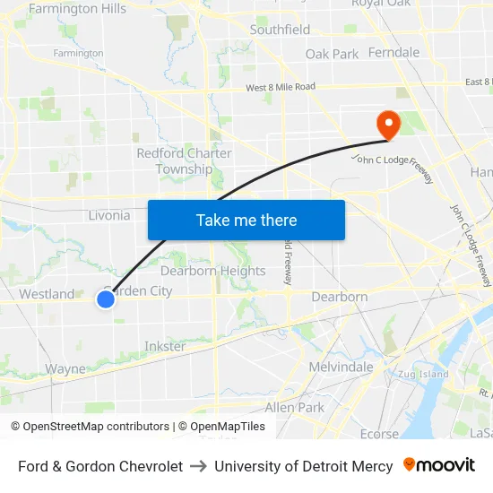 Ford & Gordon Chevrolet to University of Detroit Mercy map