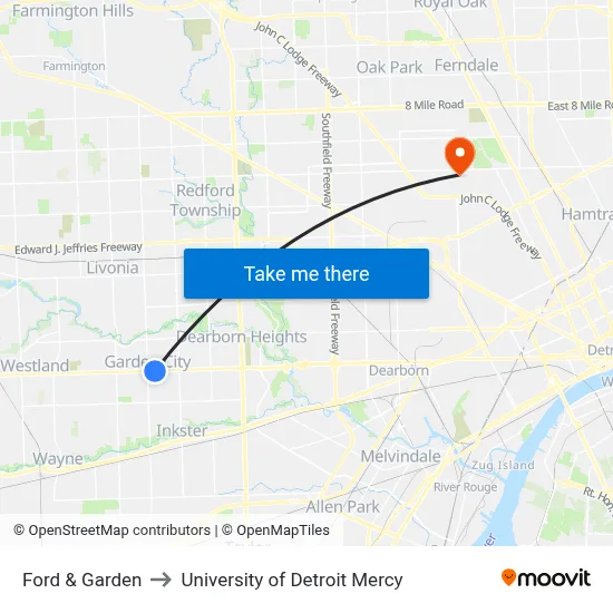 Ford & Garden to University of Detroit Mercy map