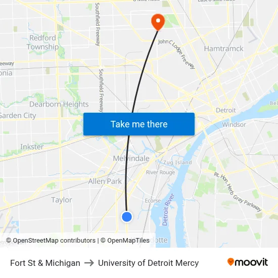 Fort St & Michigan to University of Detroit Mercy map