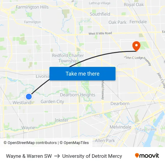 Wayne & Warren SW to University of Detroit Mercy map