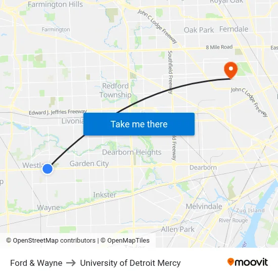 Ford & Wayne to University of Detroit Mercy map