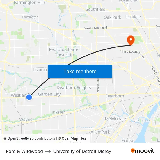 Ford & Wildwood to University of Detroit Mercy map